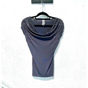 Kische Gray Cowl Neck Short Sleeve Shirt : Small